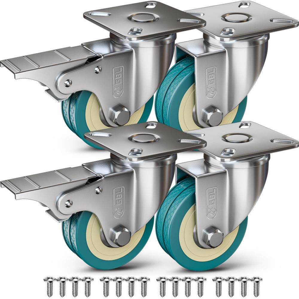 GBL Heavy Duty Castor Wheels Set of 4-50mm Load Capacity up to 200kg - Silent Casters for Furniture - Suitable for All Floor Types - Trolley Castors with Brakes & Screws
