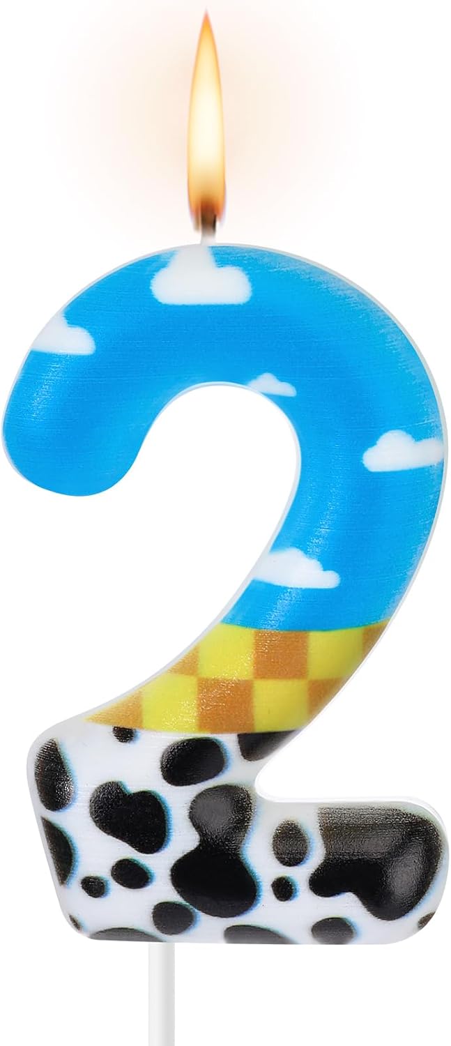 Toy Inspire Game Birthday Number Candles Cartoon Cake Topper Blue Sky and White Cloud Cow Birthday Candle for Boy Girl Party Decor Supplies(Number 2)
