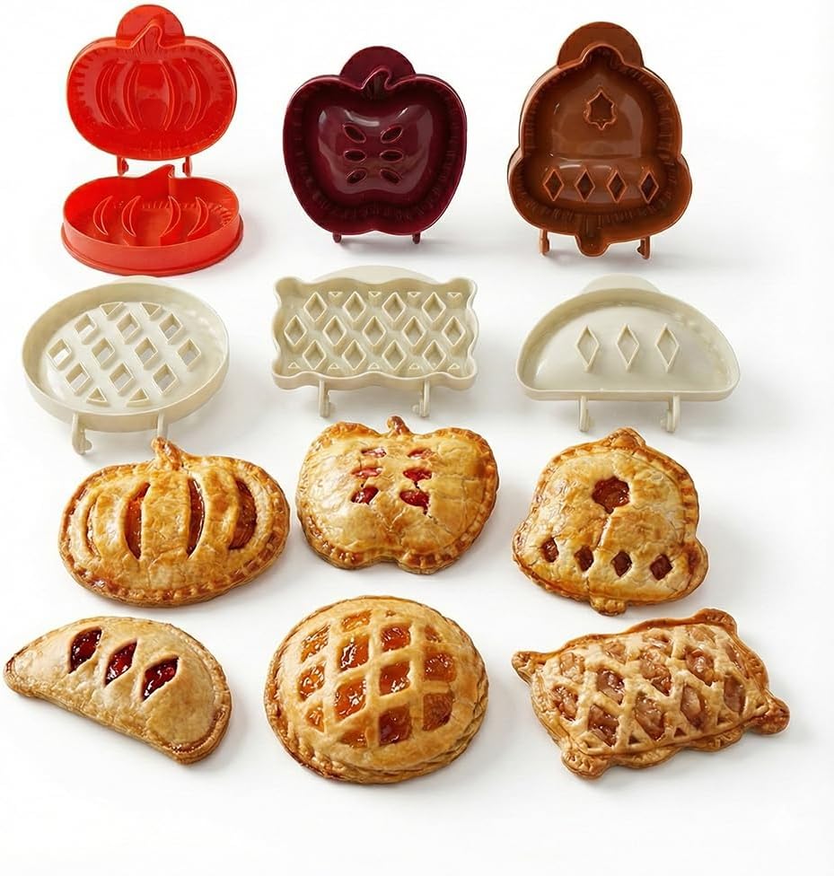 6 Pack Hand Pie Molds for Baking - Dough Presser Mini Pocket Pie Molds - Fall Thanksgiving Hand Pie Press Mold Maker - Halloween Apple Pumpkin Pie Mold - One Press Autumn Cottage Pie Cutter