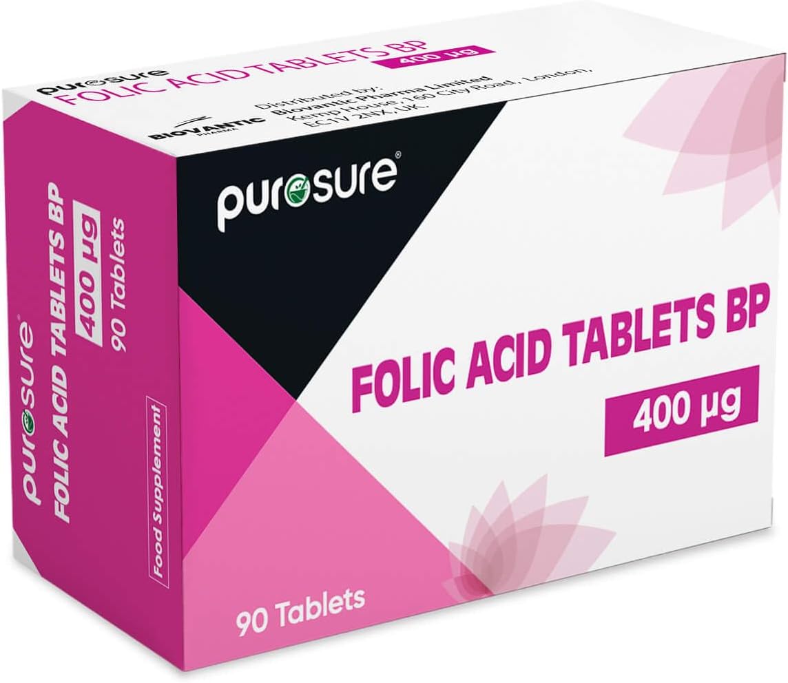 PuroSure Folic Acid Tablets 400 mcg – 90 Tablets - Vitamin B9 Tablets - 3 Month Supply - Pregnancy Care - Normal Function of Immune System & Maternal Tissue Growth During Pregnancy