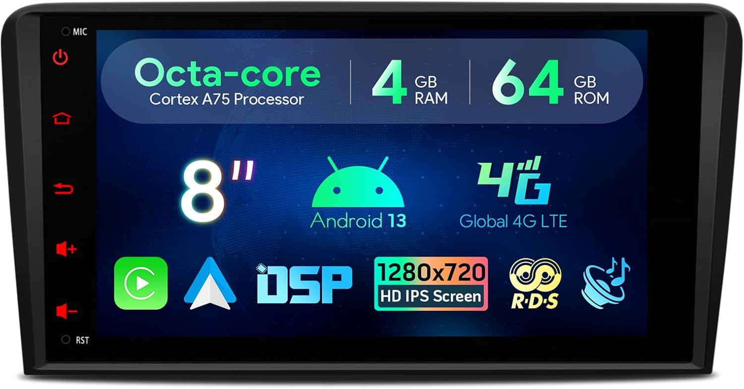 XTRONS Octa-Core Car Stereo Android 13 Radio Player 8 inch IPS HD GPS Navigation 4GB RAM 64GB ROM Upgrade DSP Built-in 4G LTE Bluetooth CarPlay Support AHD Camera DAB+ DVR TPMS for Audi A3 S3 RS3 8P