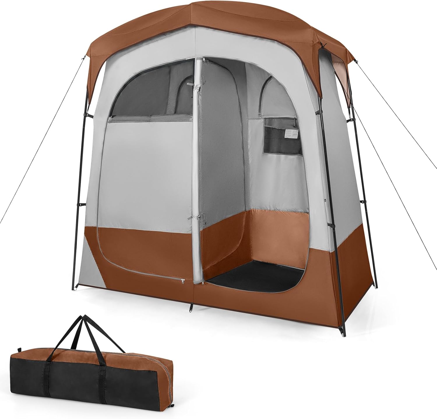 COSTWAY Double-Room Camping Shower Tent, Privacy Toilet Tents with Removable Rain Fly, Pocket, Clothesline, Top Hook, Carry Bag & Mesh Window, Outdoor Changing Room Beach Sunshade Shelter