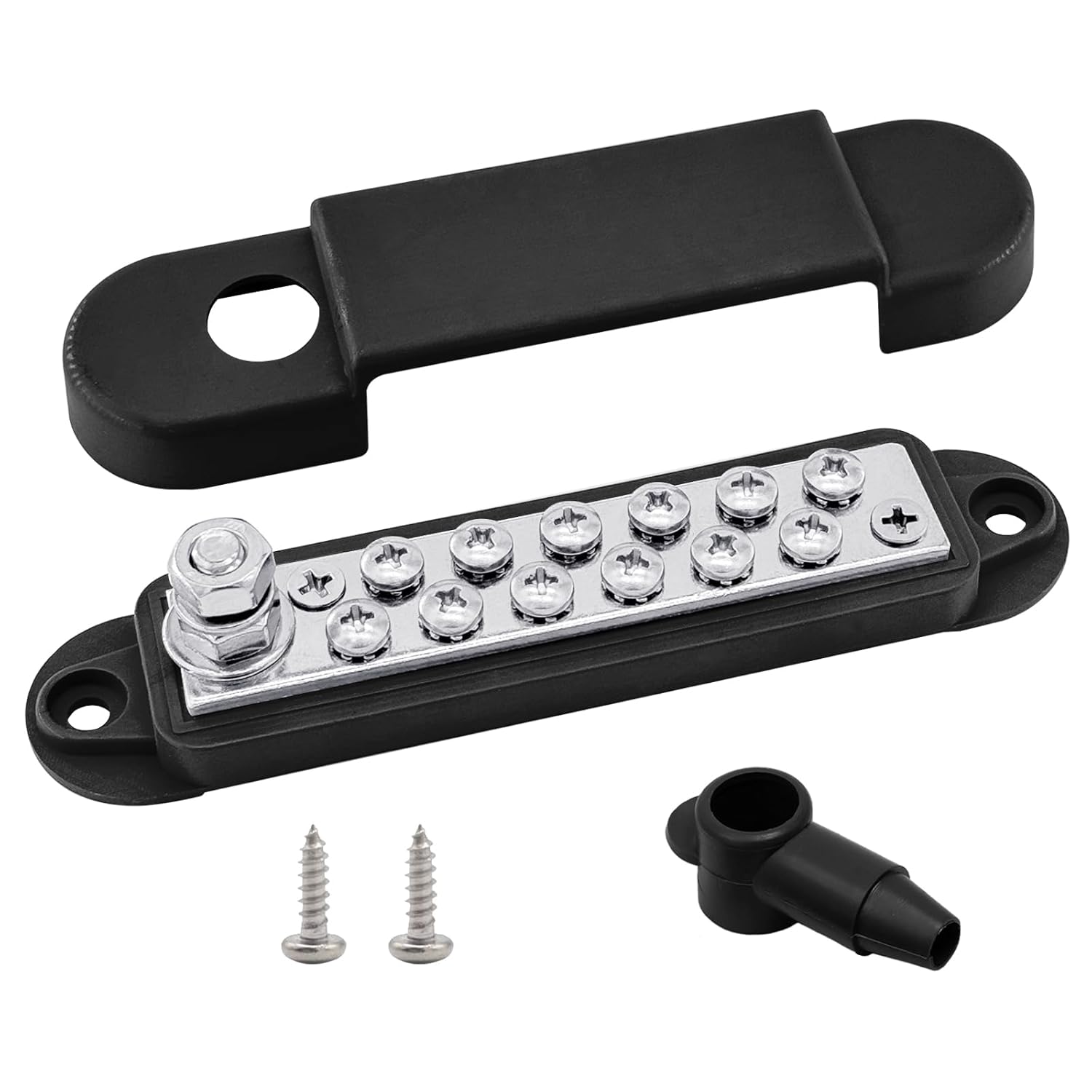 1/4" Stud & 12 x #8 Terminal Screws Ground Distribution Block Bus Bar, Ampper 5.3" 12V Nickle Plated Brass Battery BusBar Junction W/Cover for Auto Boat Solar and More (Black)