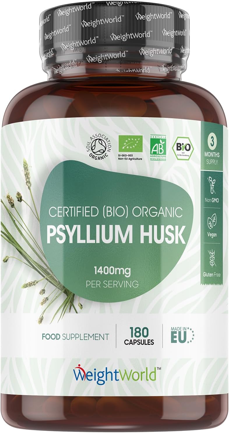 Weightworld Organic Psyllium Husks Capsules - 1400mg per Serving - Prebiotic Fibre Supplement - 180 Powder Capsules - 3 Months Supply - High in Soluble Fibre - 2 per Day with Water
