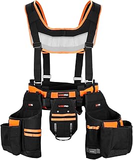 Tool Belt with Suspenders, Tool Belt Organizer with Detachable Tool Pouch Bag Hammer Holder, Heavy Duty Tool Pouch Belt for Carpenter Electrician Framers