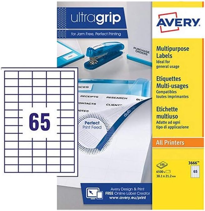 Avery Printable, Multi Purpose Labels, All Printers, 38.1 x 21.2 mm, White, 65 Labels per Sheet, 2,600 Blank Labels per Pack (3666-40)