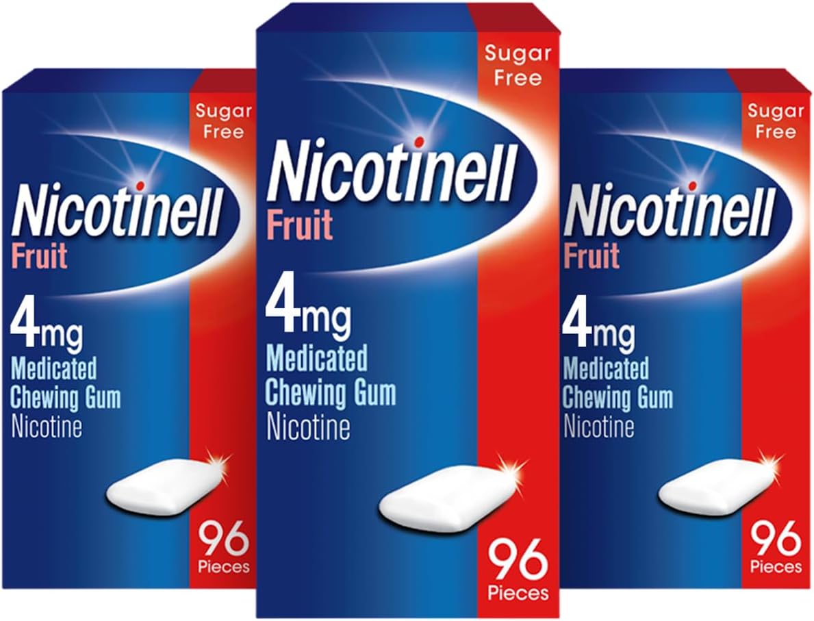 Nicotinell Fruit Gum 4mg (3 x 96 Pieces), Stop Smoking Aid, Sugar Free Nicotine Gum, Mild Fruit Flavour, 4mg Regular Strength for Heavy Smokers, Quit Smoking Aid