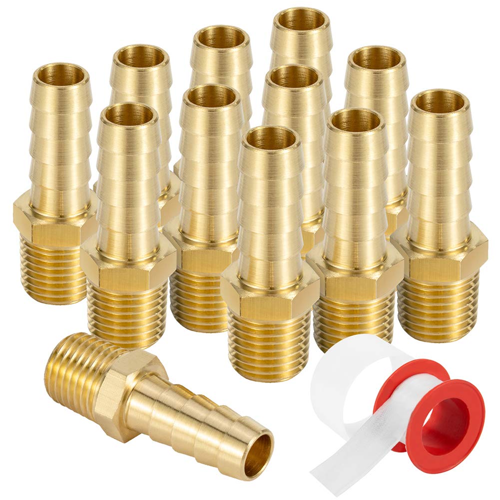 Brass 3/8" Barb X 1/4" NPT Male End Air Hose Pipe Fitting Threaded Connector Adapter, Pack of 12