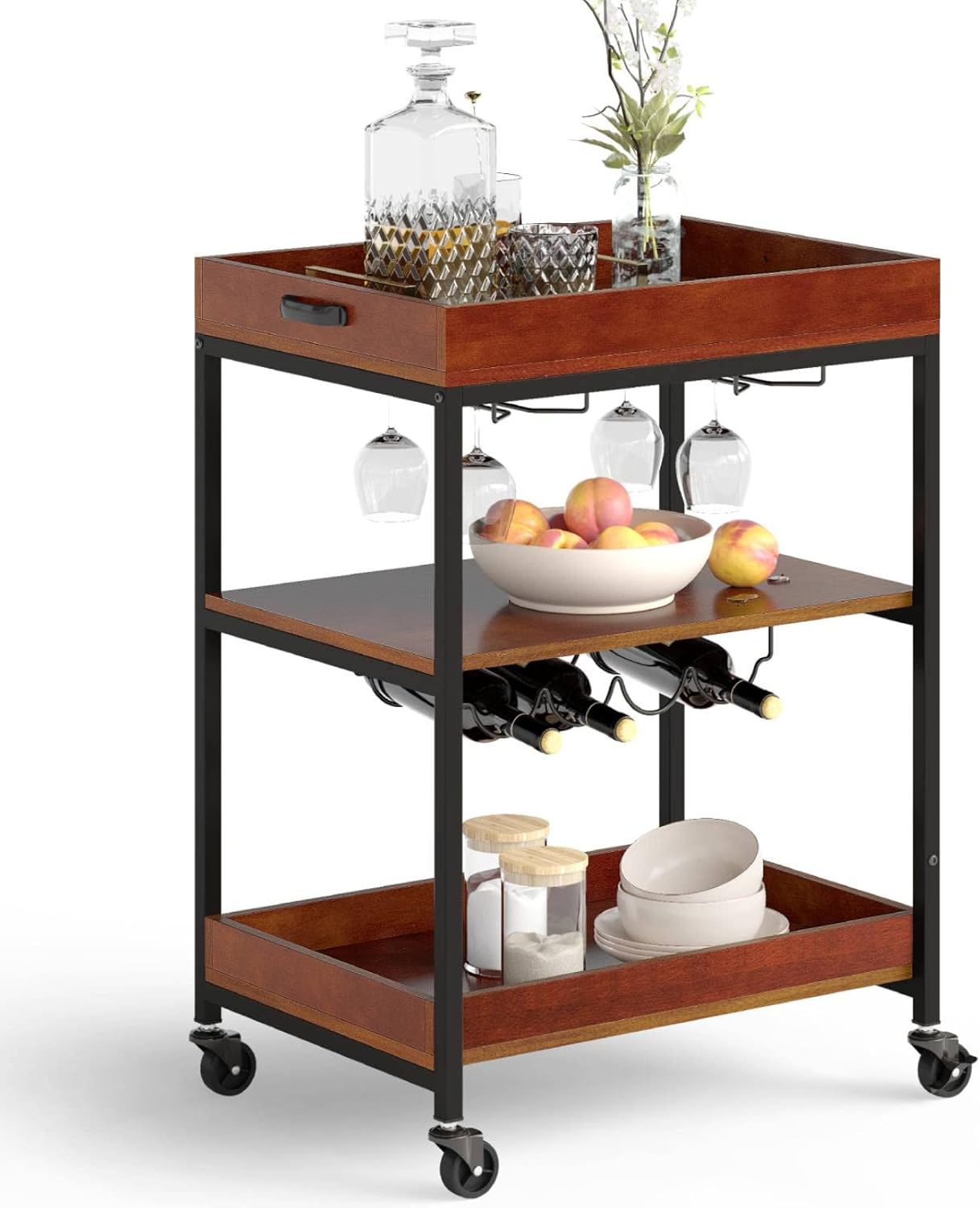 COSTWAY Kitchen Serving Trolley, Rolling Bar Cart with Wine Rack & Glass Holders, Drinks Storage Island on Lockable Wheels for Restaurant Dining Room (3 Tiers Shlef with 1 Tier Wine Rack, 60x45x85cm)