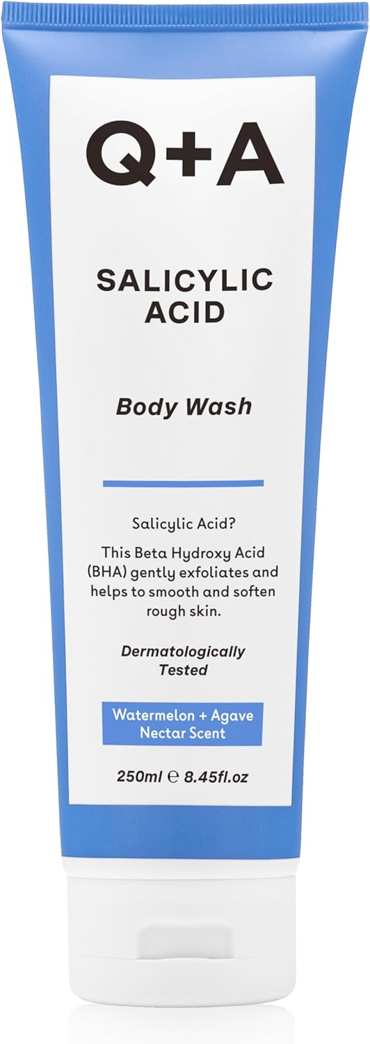 Q+A Salicylic Acid Body Wash for Invigorating Body Care, gel-based shower product, exfoliates, smoothes, and softens the skin, with Green Tea Extract, 250ml