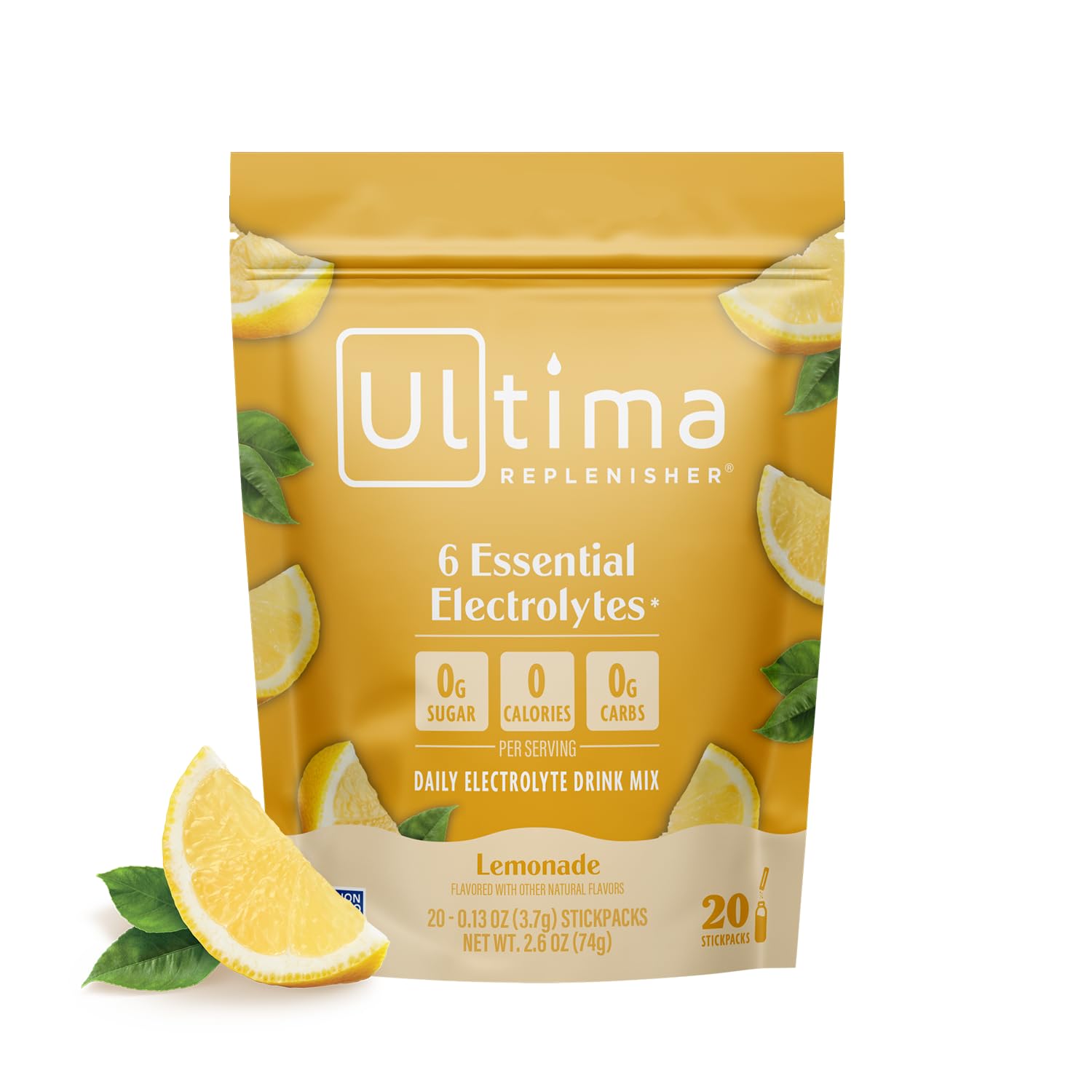 Ultima Replenisher Daily Electrolyte Powder Drink Mix – Sugar Free – Lemonade, 20 Stickpacks – Hydration Packets with 6 Key Electrolytes and Trace Minerals – Keto Friendly, Vegan, Non-GMO