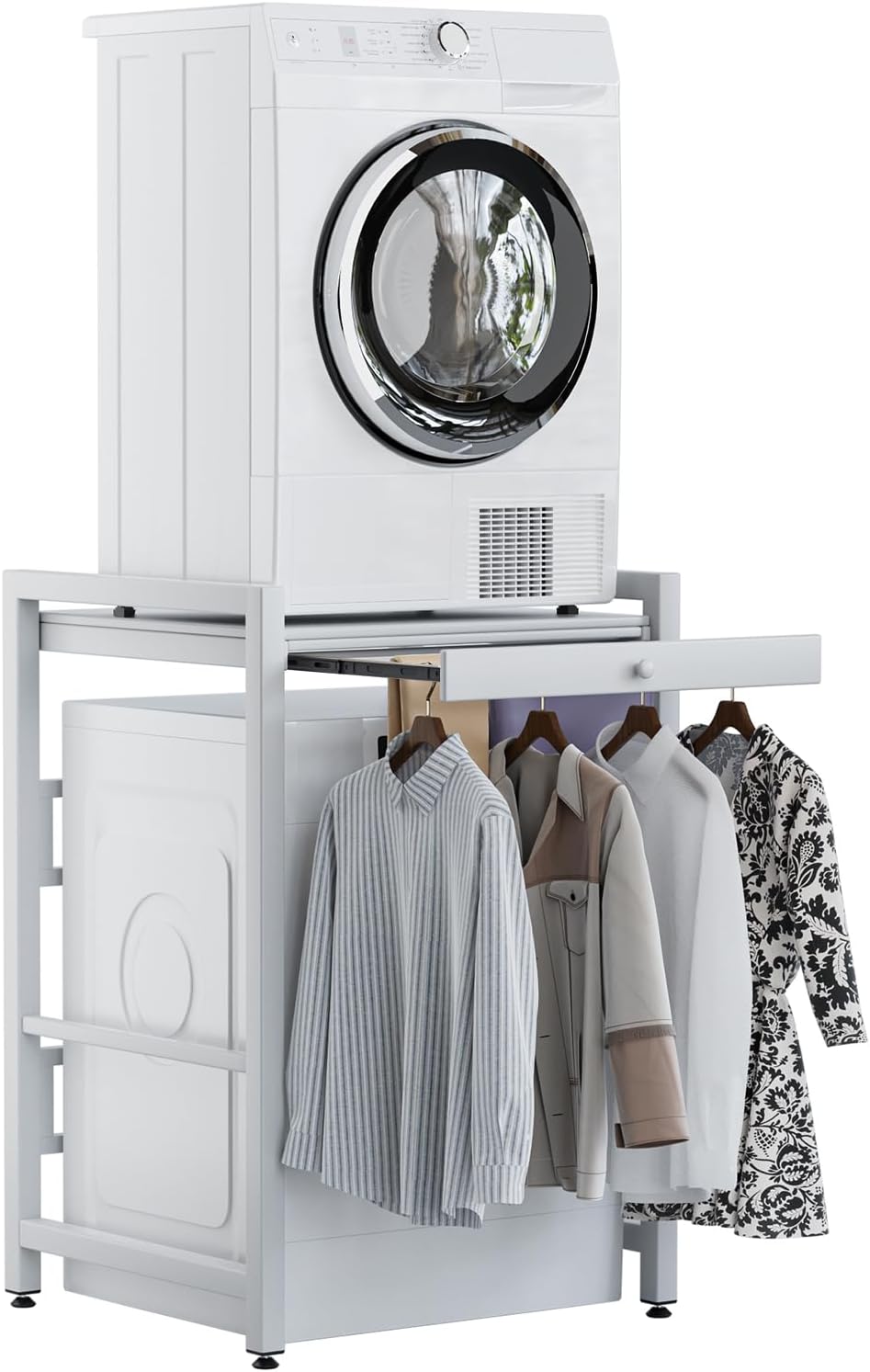 Heavy Duty Washer Dryer Shelf, Over Washing Machine Storage Rack for Bathroom Laundry, 200kg Load-Bearing Iron Frame with Sliding Rail Hanger, Space Saving Organizer for Toiletries & Detergent (White)