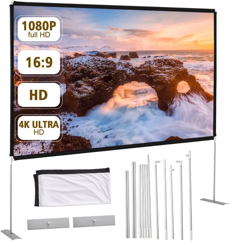 INMOZATA Projector Screen and Stand 120 Inch/ 265x150cm Portable Projector Screen with Carry Bag, 16:9 4K HD Indoor Outdoor Projection Screen for Camping Home Theater (120"/265x150cm)