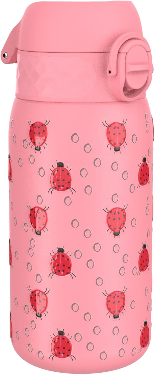 Ion8 Vacuum Insulated Steel Water Bottle, 320 ml/11 oz, Leak Proof, Easy to Open, Secure Lock, Dishwasher Safe, Carry Handle, Metal Water Bottle, ThermoShield Stainless Steel, Pink, Lady Bugs
