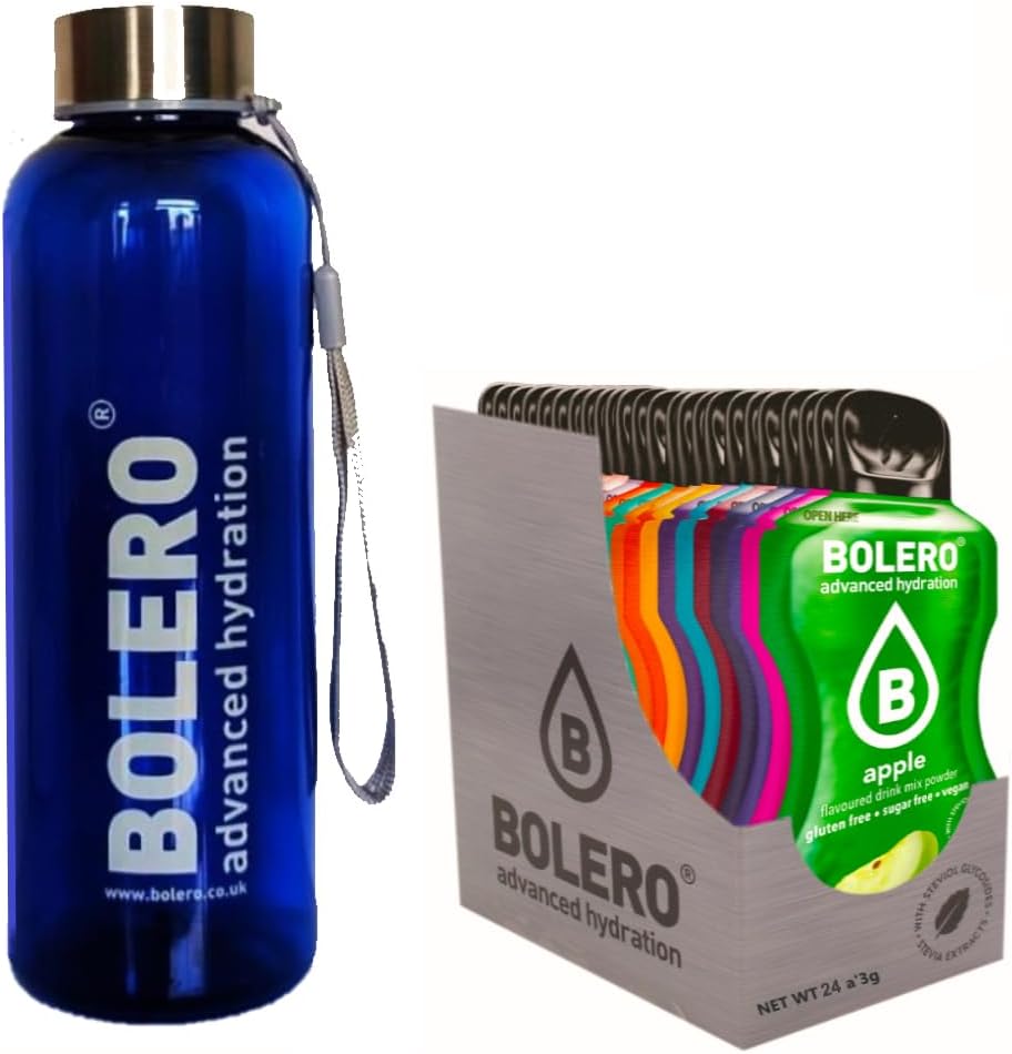 Bolero - 24 Flavours & Branded Bottle 500ml - Hydration Starter Set of 24 Sachets (24x3g) Makes 24 Bottles (24x500ml) of Tasty Drinks + Bottle. Sugar-Free, Low-Calorie, Vegan