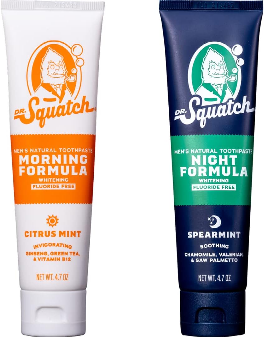 Dr. Squatch Teeth Whitening Toothpaste Kit - Day and Night Flouride Free Natural Toothpaste (1 Citrus Mint + 1 Sooth Spearmint Tooth Paste) 4.7 oz Tubes