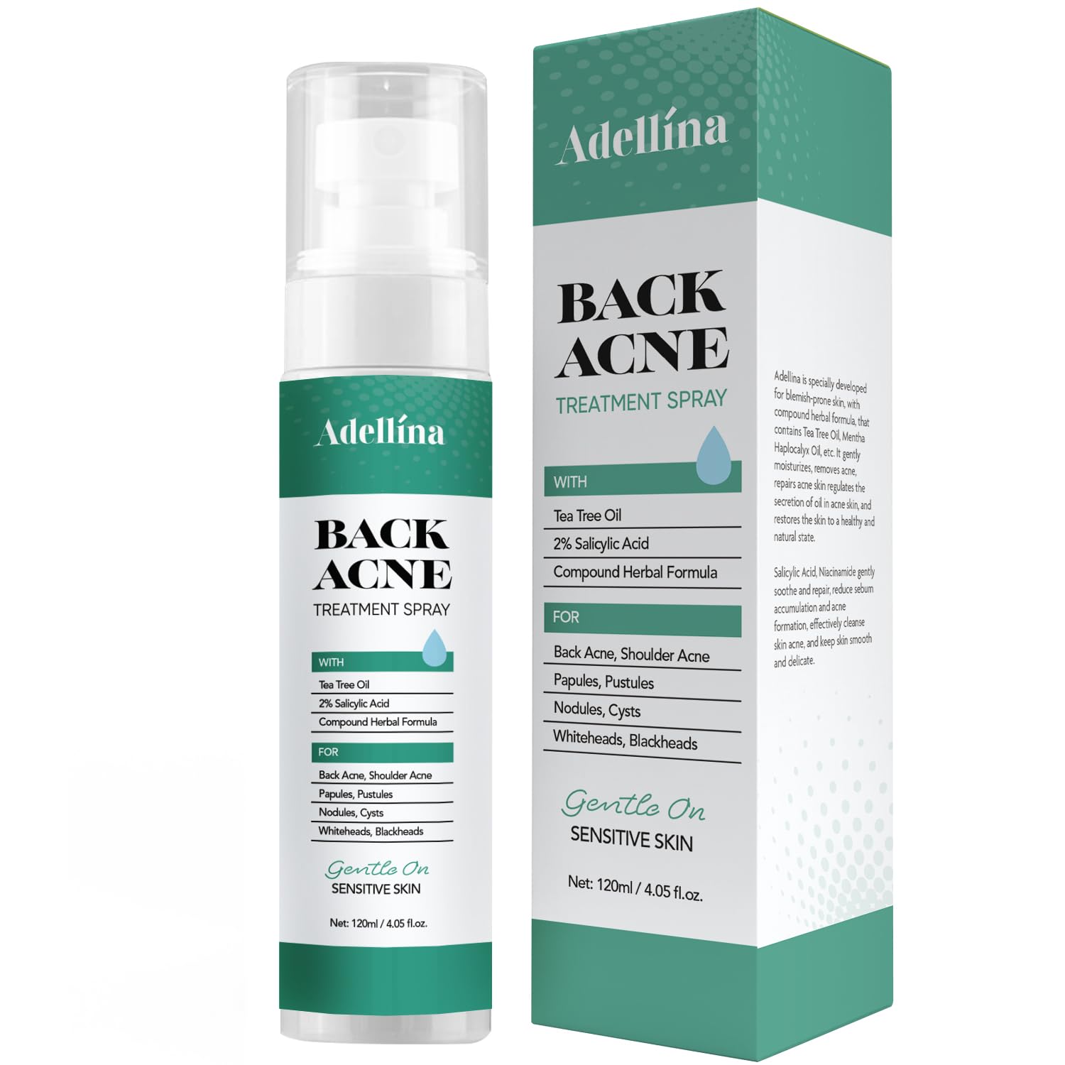 Adellina Back Acne Spray, Body Acne Treatment with Salicylic Acid, Tea Tree Oil & Niacinamide, 4 oz