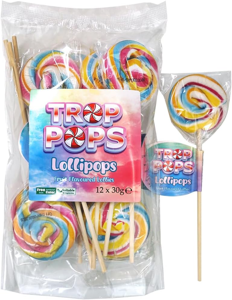 Trop Pops Lollipops, Pack of 12, 30g - Sweet, Fun, and Flavorful Treats for All Ages
