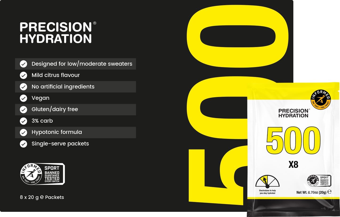 Precision Hydration Electrolyte Powder - No Artificial Ingredients, Multi Strength Hydration Packets - Individual Waterproof Servings - Gluten/Dairy Free, 1 Box (8 Packets, 500mg/L-Yellow)