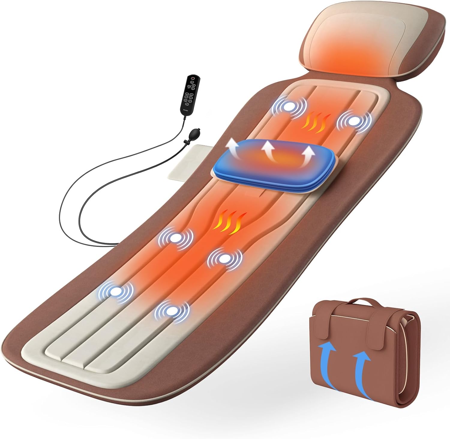 Full Body Massage Mat with Heat, Back Massage Pad with Lumbar Traction, Heating Pillow-Equipped, 4 Massage Modes & 6 Quieter Motors, Adjustable Waist to Fit 5'0-6'2, Foldable & Portable Design