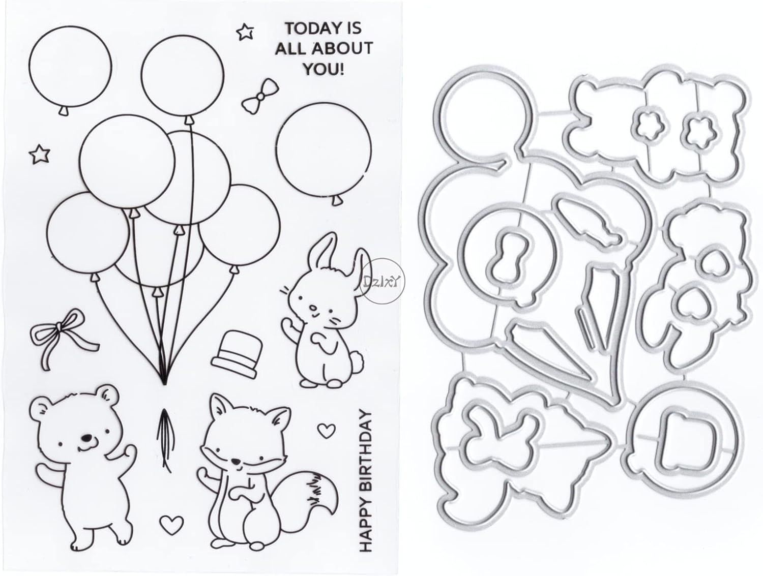 DzIxY Rabbit Fox Balloons Clear Stamps and Metal Cutting Dies Sets for Card Making Scrapbooking Paper Supplies Silicone Seals Storage Pockets