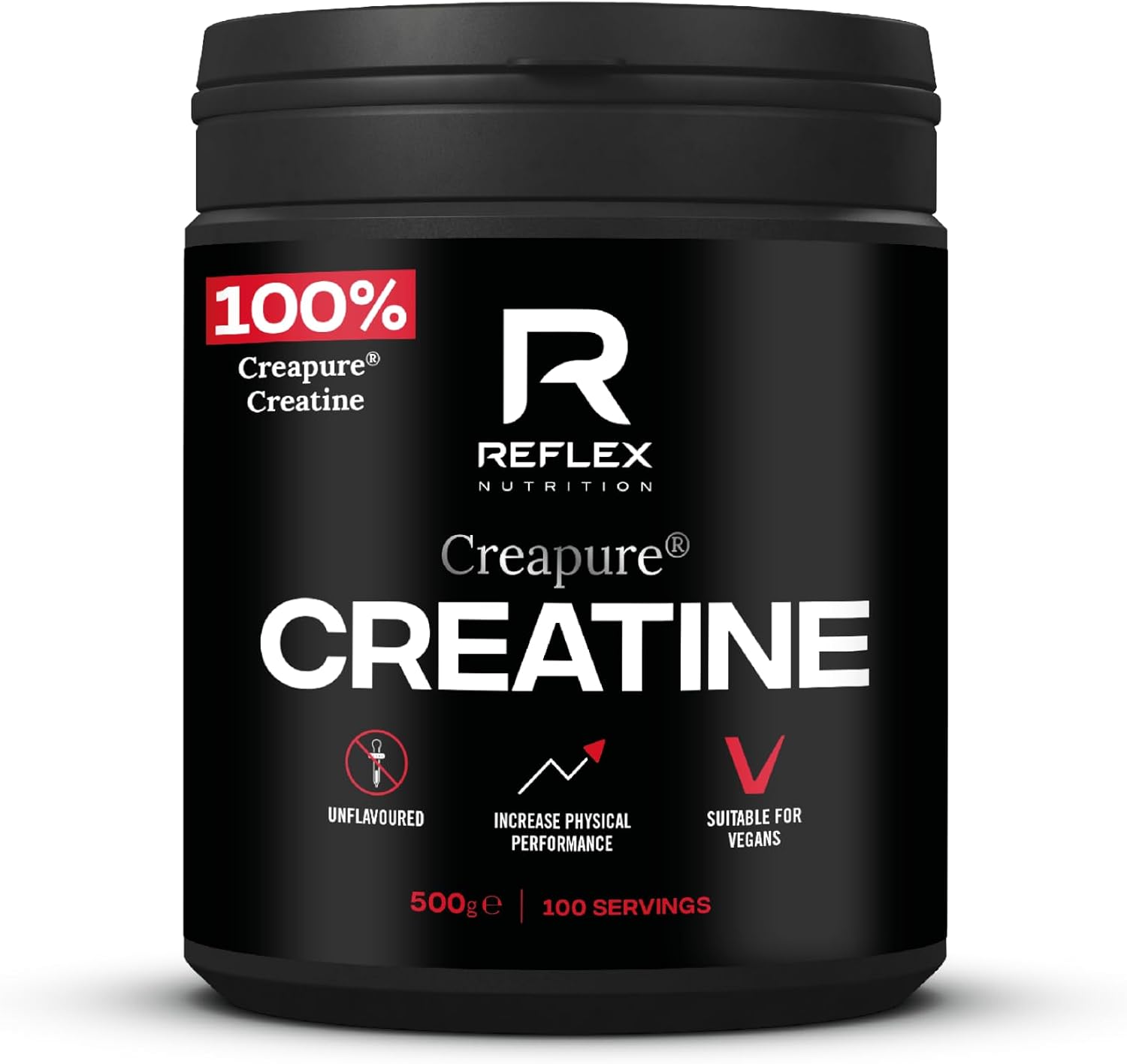 Reflex Nutrition Creapure® Creatine Monohydrate Powder Unflavoured - 100% Creatine for Strength, Muscle Gains & Recovery - No Fillers or Additives - 500g (Vegan Creatine 5g per Serving, 100 Servings)