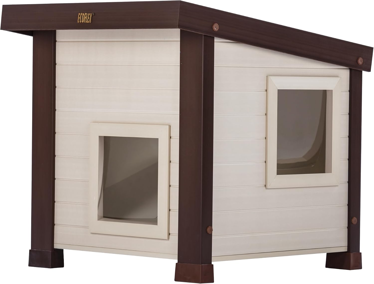 New Age Pet ECOFLEX Albany Outdoor Cat House - Weatherproof, Insulated, Elevated Floor, Dual Escape Doors, Easy Assembly, Moisture & Odor Resistant, 10-Year Warranty, Maple/Brown