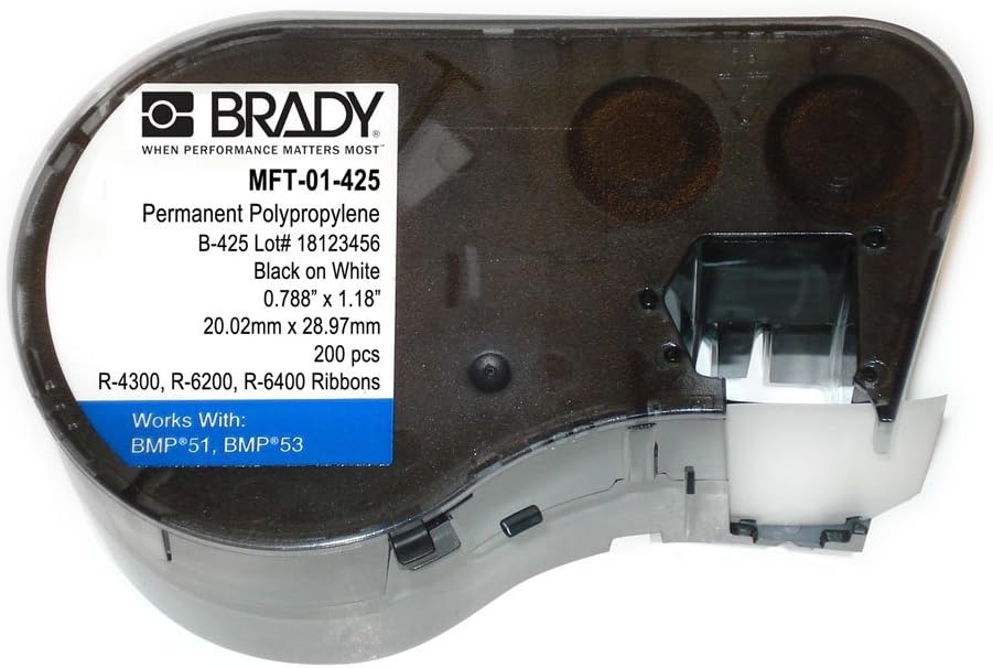 Brady MFT-01-425 Polypropylene B-425 Black on White Label Maker Cartridge, 1-11/64" Width x 25/32" Height, For BMP51/BMP53 Printers