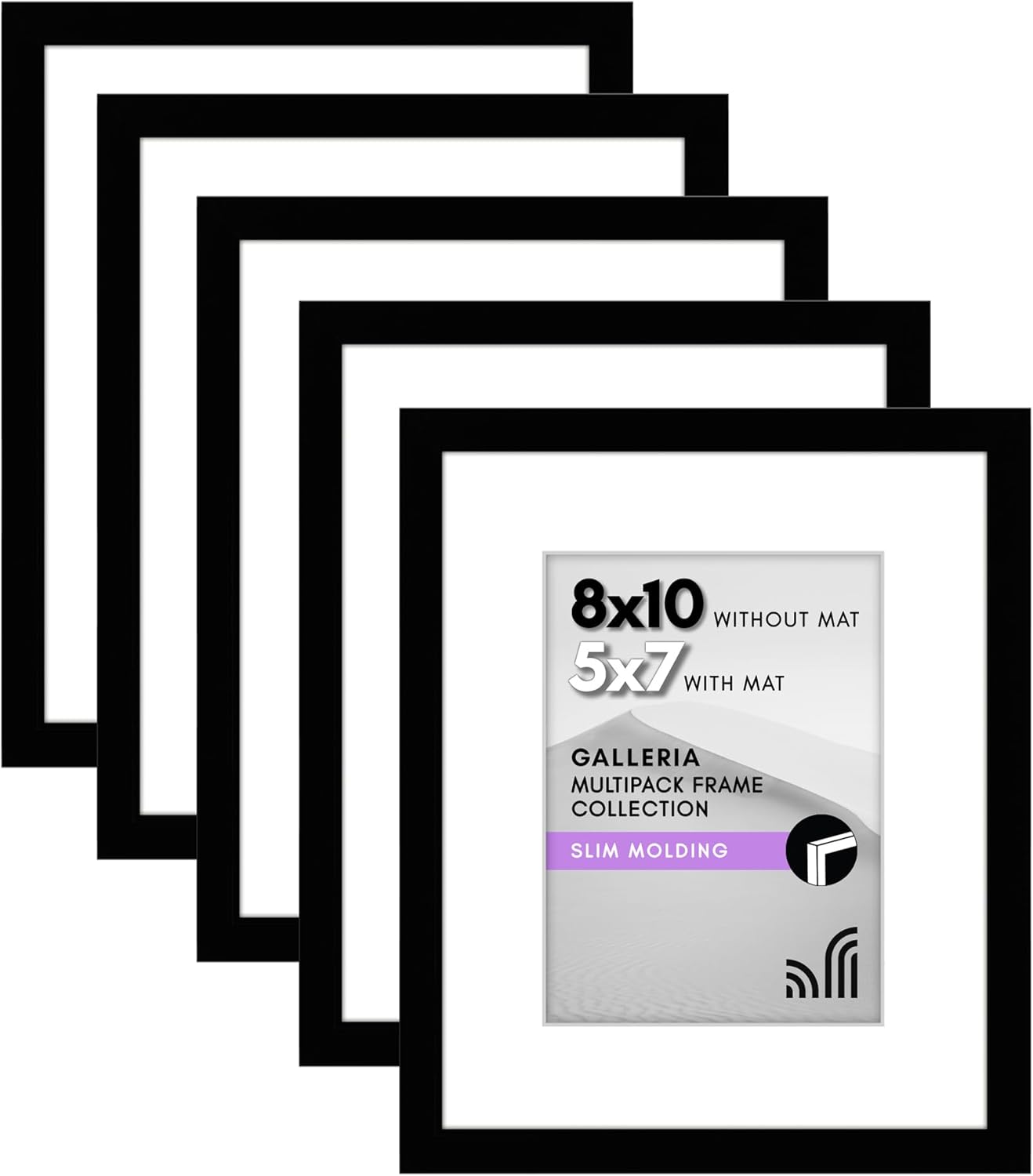 Americanflat 8x10 Picture Frame with Polished Plexiglass - Set of 5 - Use as 5x7 Frame with Mat or Display 8x10 Photo Without Mat - Galleria Collection - Picture Frames for Tabletop and Wall - Black