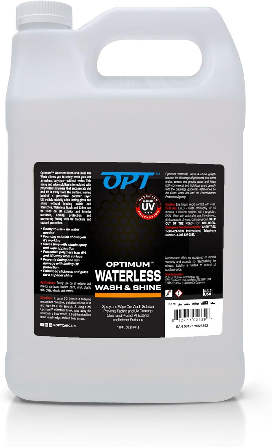 Optimum Waterless Wash and Shine - New Spray Waterless Car Wash with UV Protection, Interior and Exterior Car Cleaning Spray (1 Gal.)