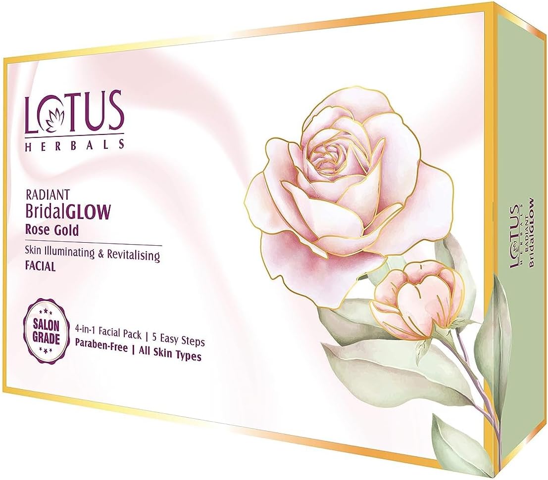 Lotus Herbals Radiant Bridal Glow Rose Gold Skin Illuminating Facial Kit | 5 Easy Steps | Paraben Free | Salon Grade | All Skin Types | 57g (Single Use)