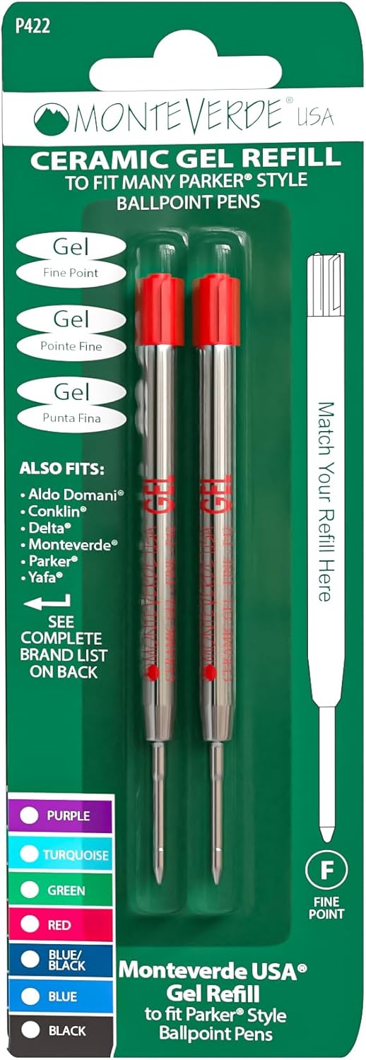Monteverde Capless Gel Ballpoint Refill to Fit Parker Ballpoint Pens, Fine Point, Red, 2 per Pack (P422RD)