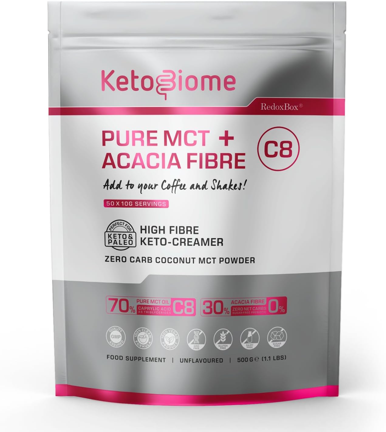 KetoBiome Pure C8 MCT Oil Powder with Acacia Fibre - High-Fibre, Zero-Carb, Keto-Creamer for Coffee & Shakes, 500g | Supports Ketosis, Paleo & Low-Carb Diets