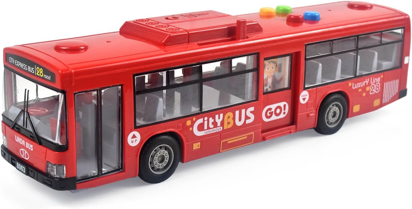 Bus Toy for Boys and Girls Ages 1 and Up - with Lights and Sounds, Realistic Tires, Simulated Functional Doors, Friction-Powered Movement, Red