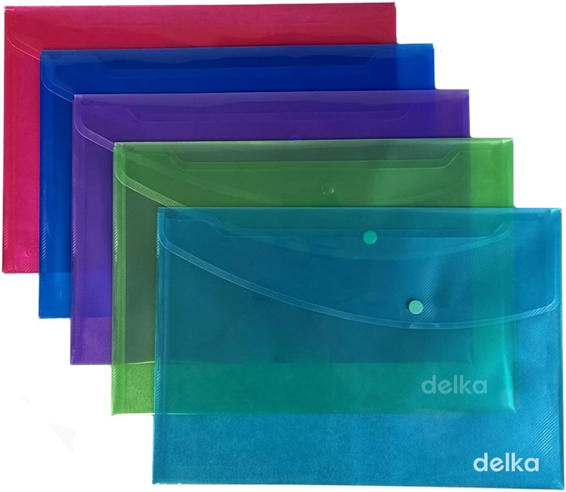 delka A4+ Popper Wallet Foolscap, Assorted Transparent Colours, Durable Document Folders, Secure Snap Closure, Tear-Resistant, Ideal for School, Office, or Home Use (Pack of 5)