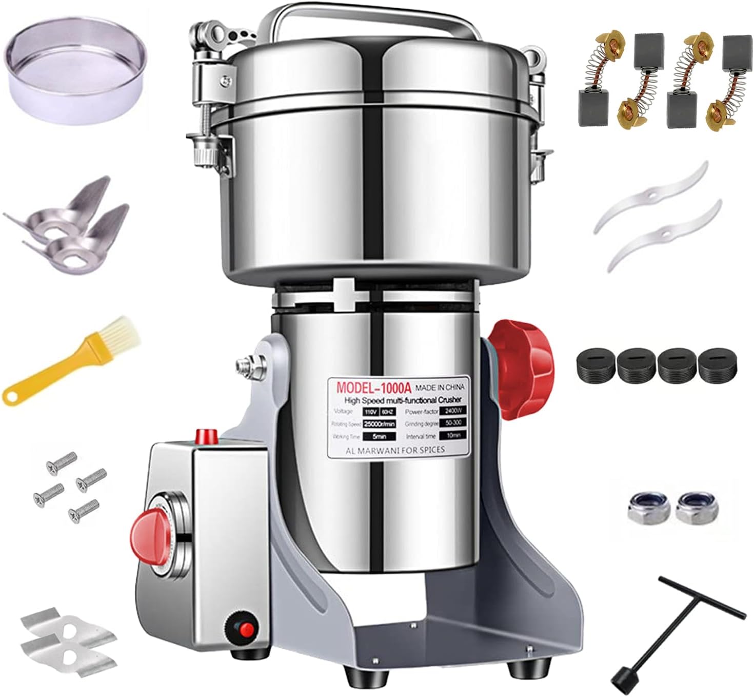 Electric Grain Grinder Mill 1000g High-speed Spice Herb Mill Commercial Powder Machine for Dry Cereals Grain Herb Spice Coffee Corn Bean (1000g Stand Type)