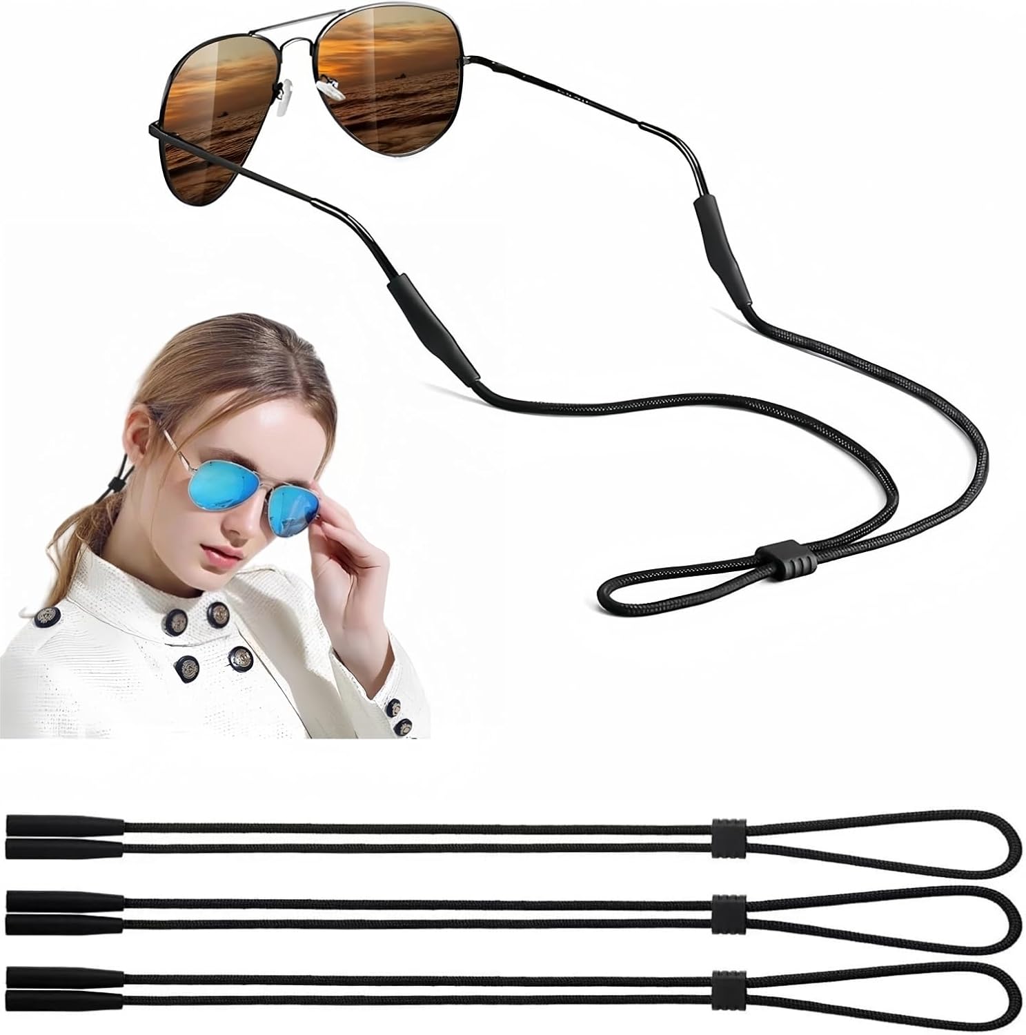 Eyeglasses Holder Strap - 3 Pcs Adjustable Eyewear String Lanyard Retainer - Sunglasses Strap for Men, Women and Kids - Eyeglass Holders Around Neck - Black