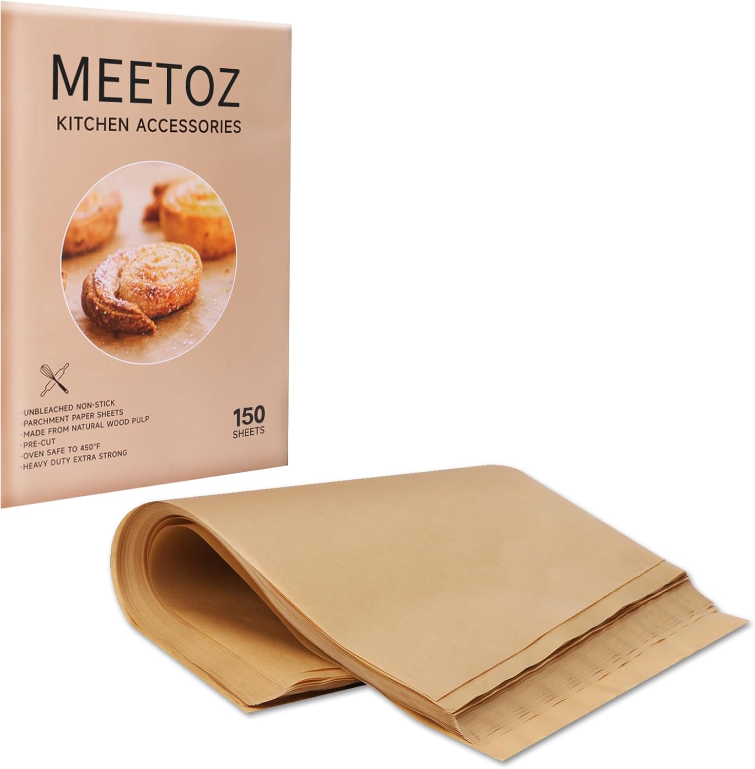 MEETOZ Parchment Paper Baking Sheets, 12 x 8 in, Precut Non-Stick Parchment Sheets for Baking, Grilling, Air Fryer, Steaming, and More (Unbleached) - Perfect for BBQ, Picnic, Festival, Bread, 150PCS