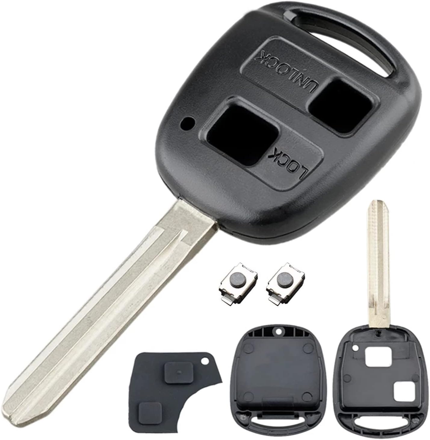 HooRLZ Toyota Key Fob Cover Replacement For Toyota Yaris Corolla Avensis RAV4 Celica Camry Echo Prado Remote Car Key Case Shell, 2 Button Toyota Key Fob Repair Kit - With Rubber Pad & Blade