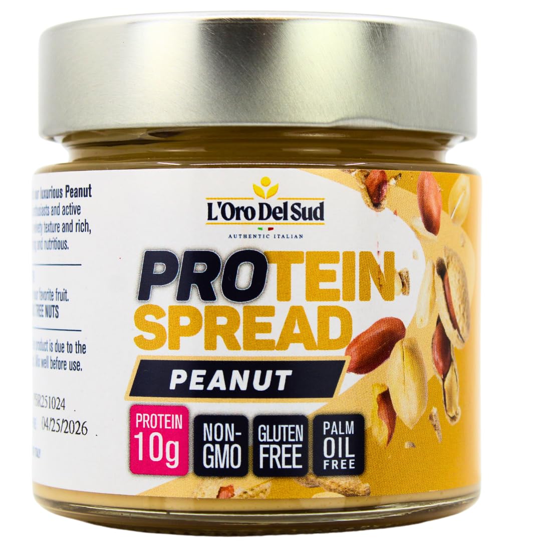 Peanut Butter with Protein, High Protein, 10 g Protein per serving, Italian Peanut Cream Plus Protein Spread, 7 oz, Non GMO, Product of Italy, non-palm oil, L’Oro Del Sud