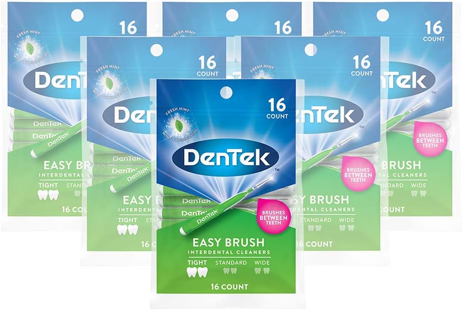 DenTek Easy Brush Interdental Cleaners, Brushes Between Teeth, Tight Teeth, Mint Flavor, 16 Count (Pack of 6)