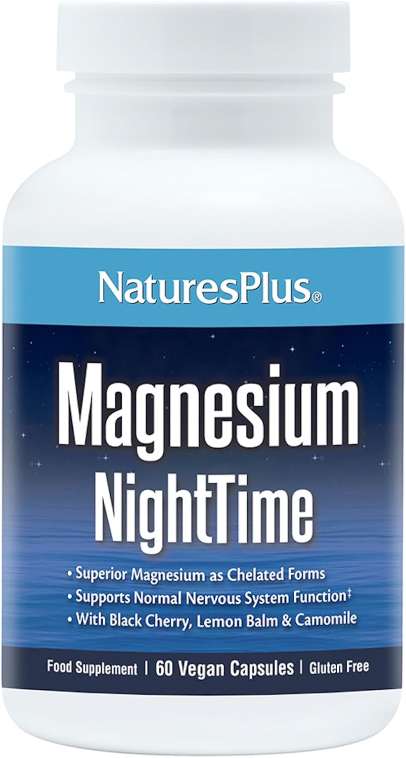 NaturesPlus Magnesium Night Time - Magnesium Glycinate and Taurate Supplement with L-Theanine, Ashwagandha, Lemon Balm, B6, Hops - Vegan, Gluten Free - 60 Capsules