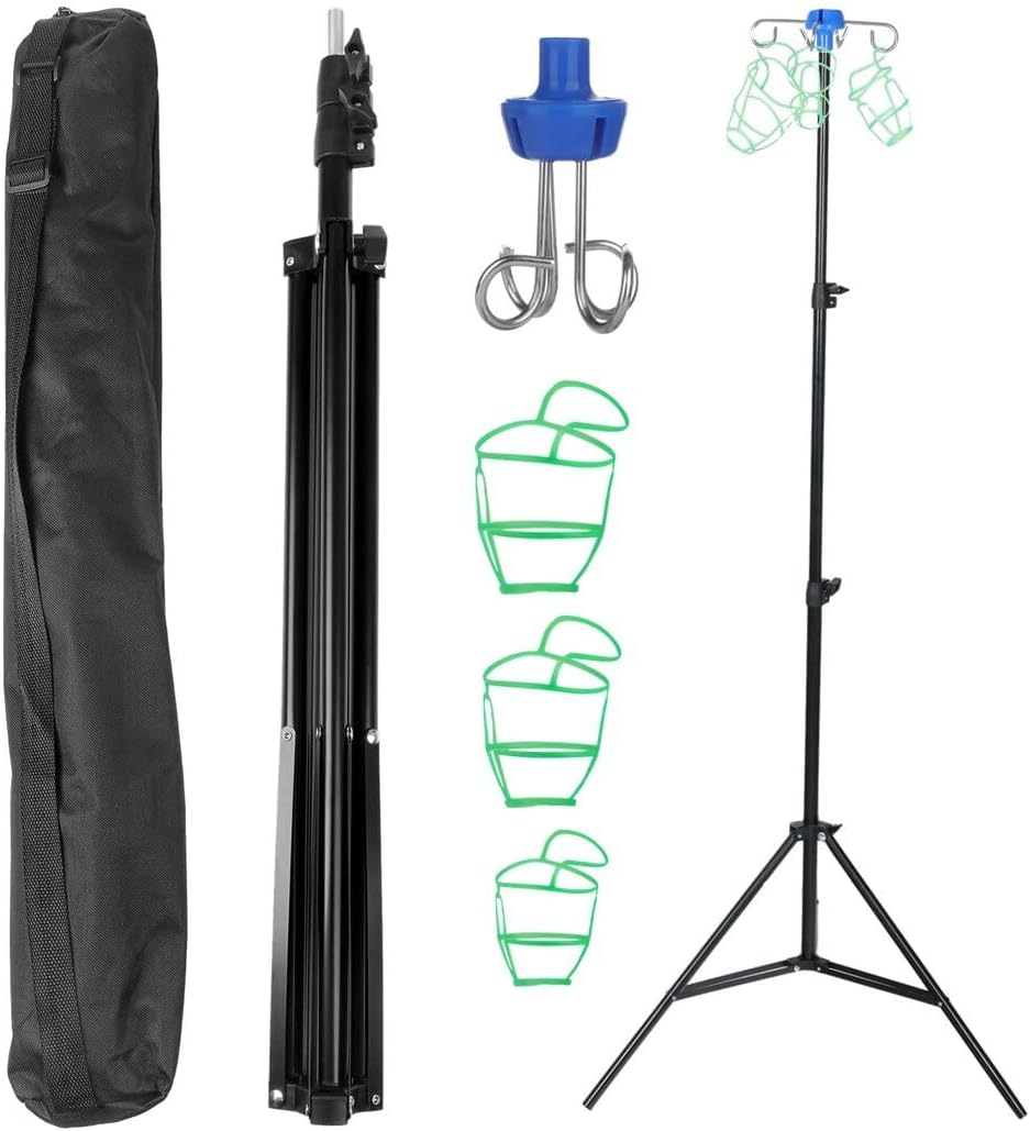 IV Pole Stand with 4 Hooks, 3 Net Bags & 1 Storage Bag, Retractable Intravenous Drip Bag Stand, Collapsible Tripod Drip Bottle Stand, Portable Mobile IV Pole for Hospitals, Clinics, Home Care