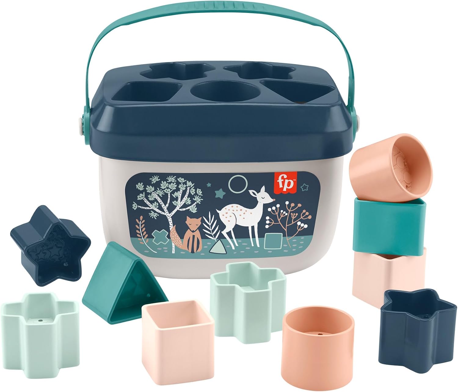 Fisher-Price Stacking Toy Baby’s First Blocks Set of 10 Shapes for Sorting Play for Infants Ages 6+ Months, Navy Fawn, HJP20