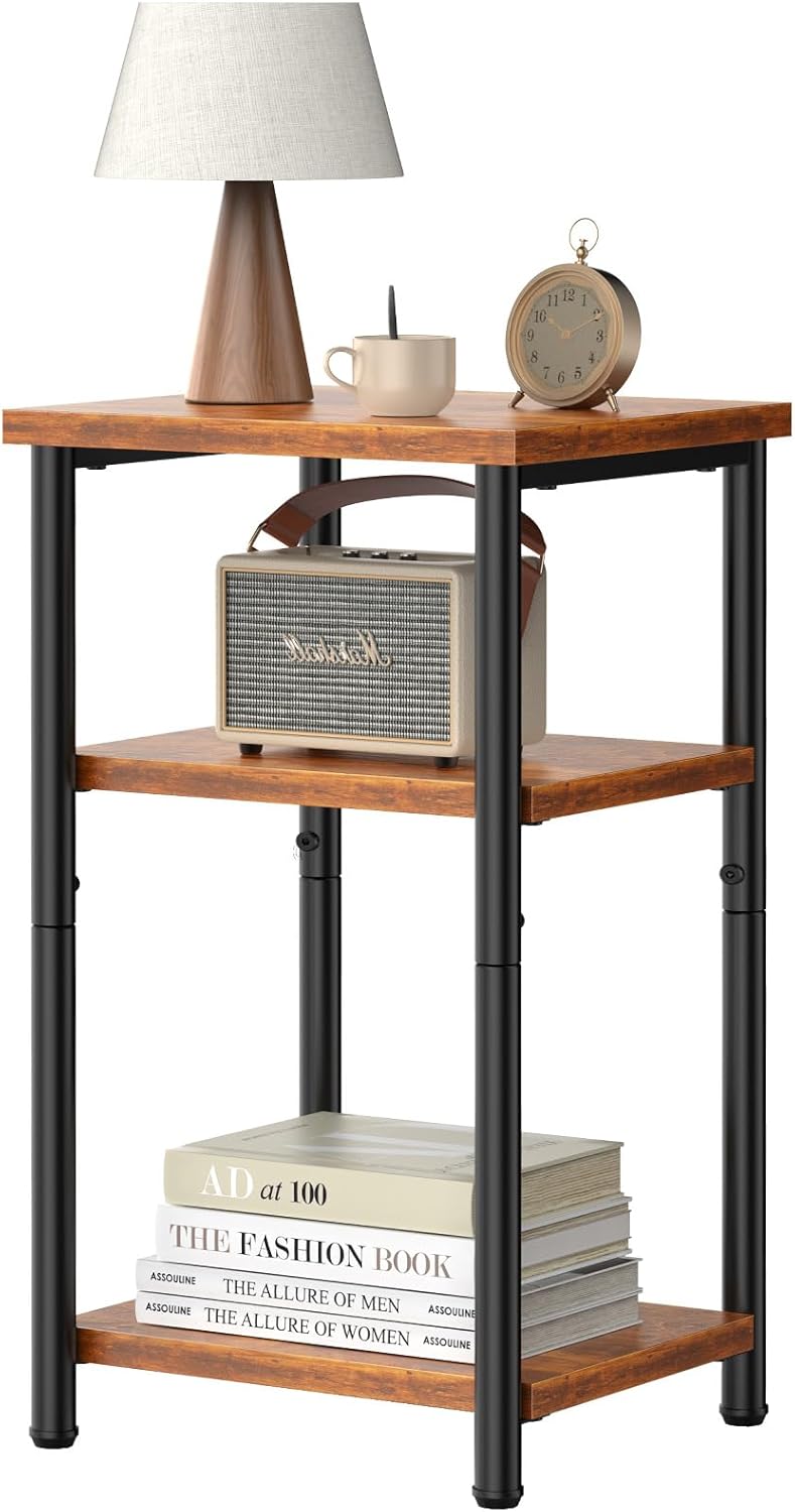 DUMOS End Table, 3 Tier Side Sofa Tables for Small Space, Storage Shelf, Nightstand with Adjustable Feet for Living Room, Bedroom, Office, Set of 1, Rustic Brown