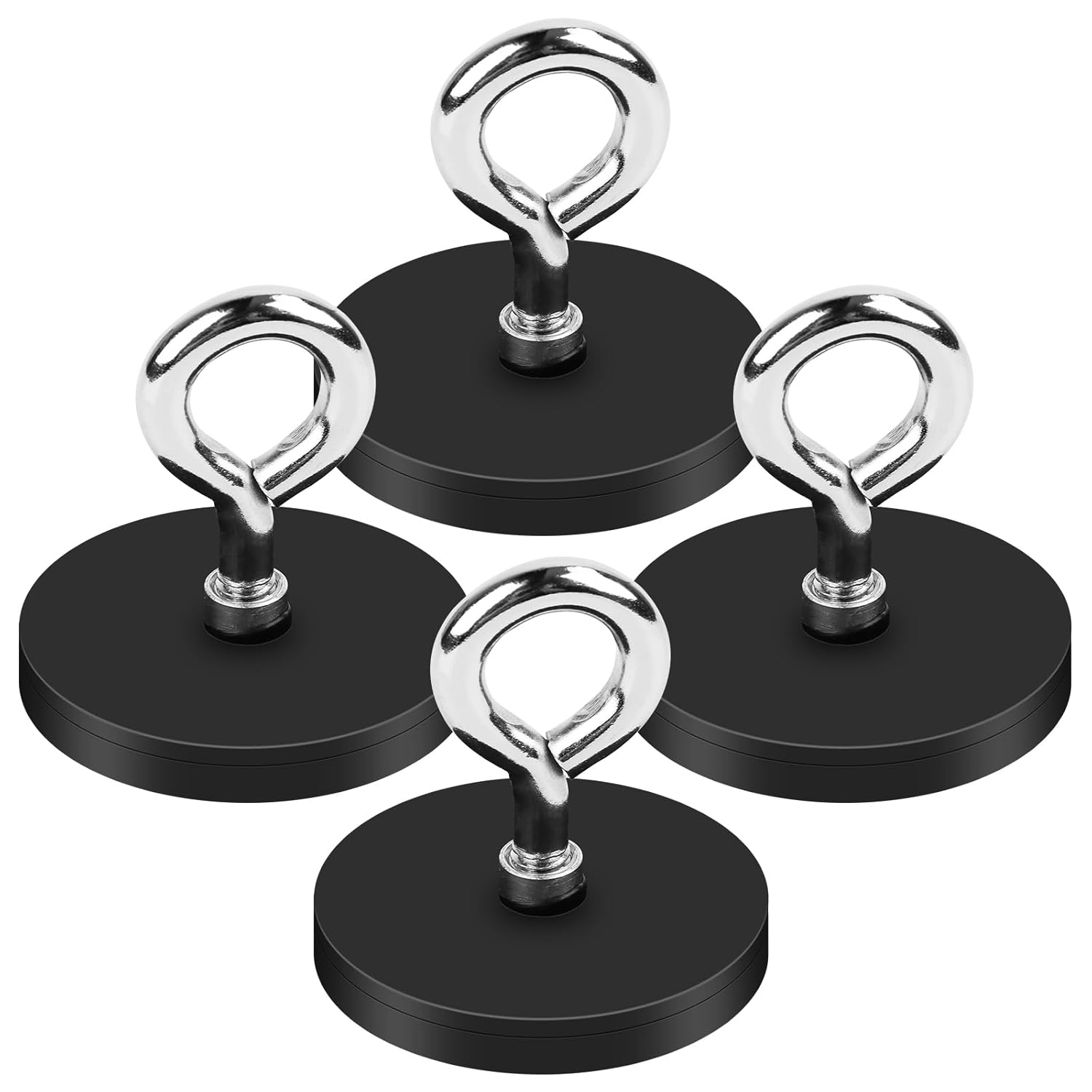 Neodymium Magnets Strong, 4 Pieces Round Magnet with M6 Suspension Ring, 43mm Screwable Rare Earth Magnet with Hole Rubberised Magnets External Thread for Workshop, Cruise