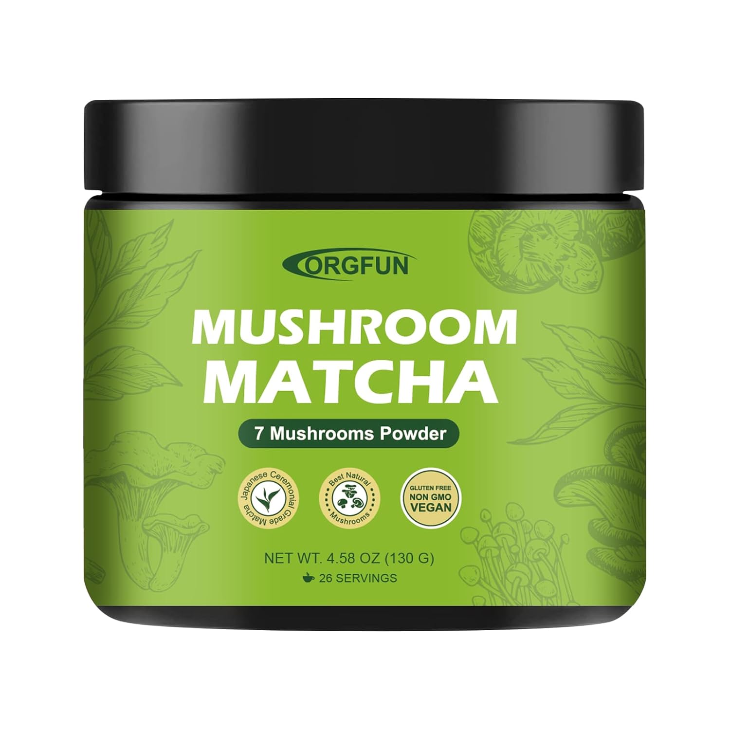 ORGFUN Mushroom Matcha, Japanese Ceremonial Matcha Infused With 7 Superfood Mushrooms, MCT Oil, Coconut Milk Powder, No Added Sugar, Non-GMO, Great Iced Matcha Latte 4.58 Oz