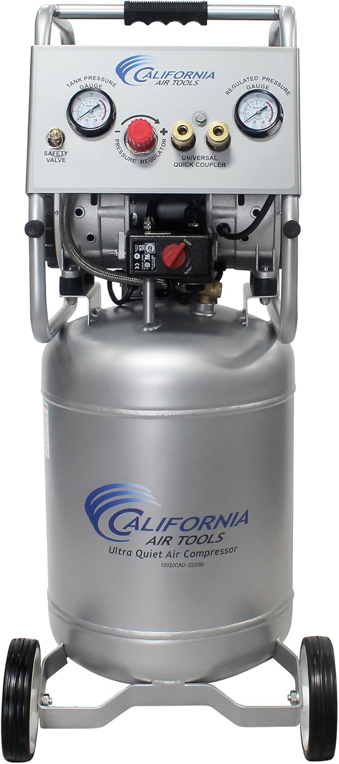 California Air Tools 10020CAD-22060 2.0 HP Ultra Quiet and Oil-Free Air Compressor, 10 Gallon Steel Tank with Wheels, 70 dBA Noise Level, Auto Drain Valve, 220V 60Hz