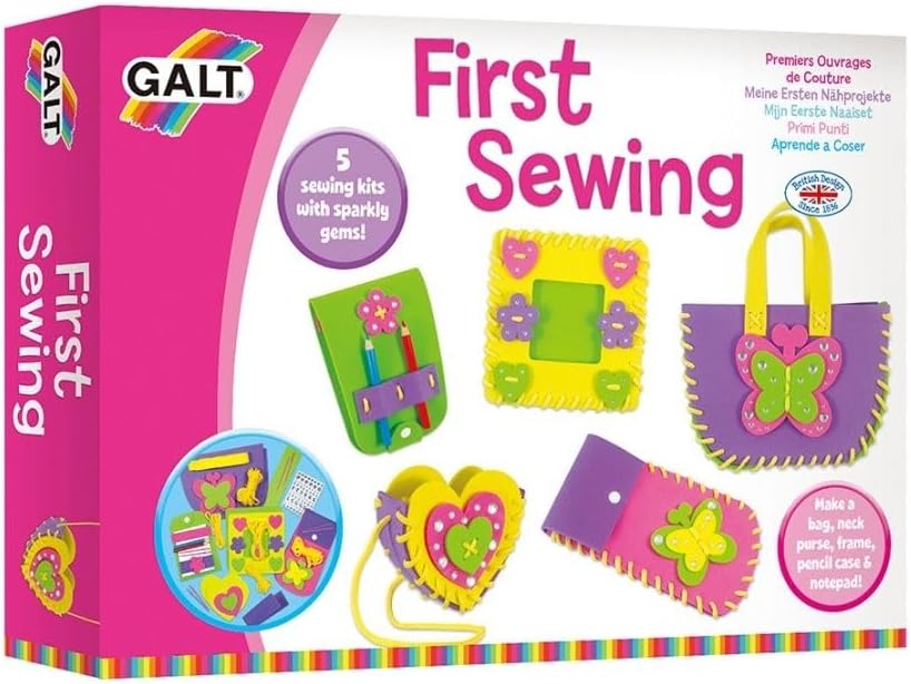 Galt First Sewing Kit - 5 Childrens Sewing Kits, Craft Kit for Kids - Introduction to Sewing, Colourful Learn to Sew Set - Step by Step Guide - Make a Bag, Frame, Purse and More - Ages 5 Years Plus