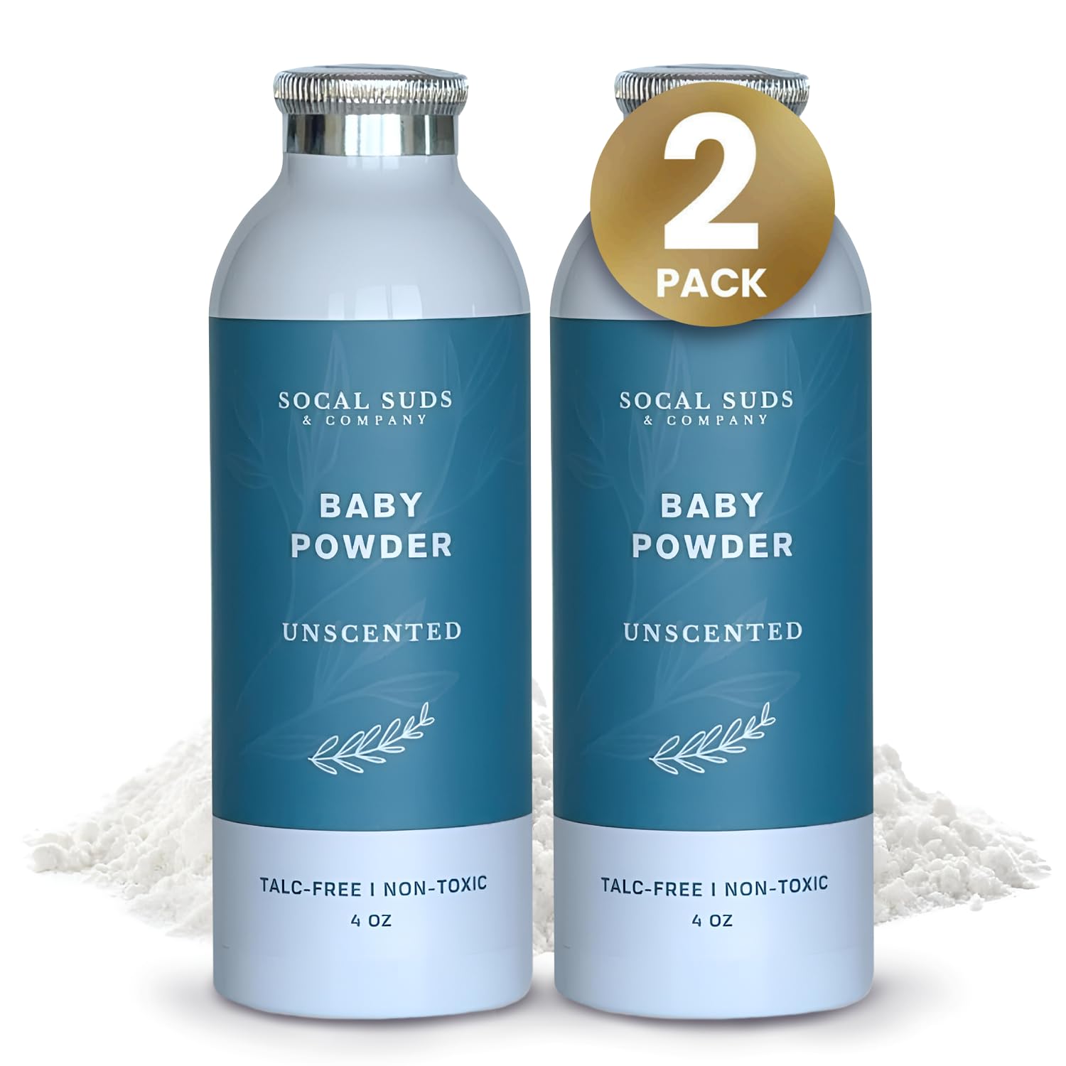 SoCal Suds & Company - Natural Baby Powder - Talc-Free Formula with Arrowroot, Kaolin, Aspen Bark Extract for Soft Soothing Sensitive Skin - Gentle Absorption - Fragrance Free, 4oz, 2-Pack